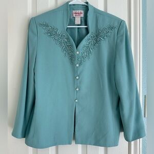 Vintage Henry Lee Teal Green Blazer w/ Lace and Pearl Buttons.  Size 12P.